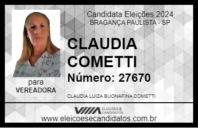 Candidato CLAUDIA COMETTI 2024 - BRAGANÇA PAULISTA - Eleições