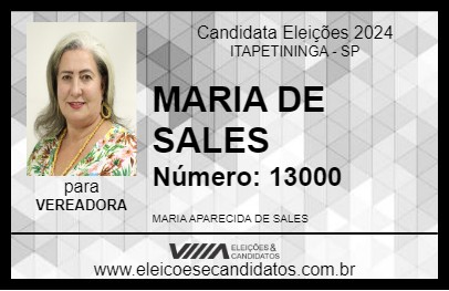 Candidato MARIA DE SALES 2024 - ITAPETININGA - Eleições