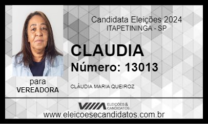 Candidato CLAUDIA 2024 - ITAPETININGA - Eleições