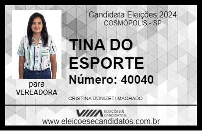 Candidato TINA DO ESPORTE 2024 - COSMÓPOLIS - Eleições