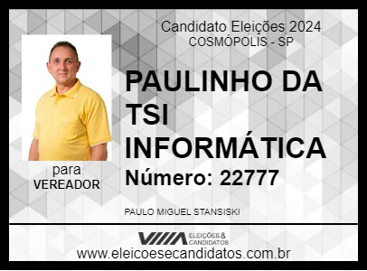 Candidato PAULINHO DA TSI INFORMÁTICA 2024 - COSMÓPOLIS - Eleições