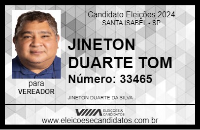 Candidato JINETON DUARTE TOM 2024 - SANTA ISABEL - Eleições