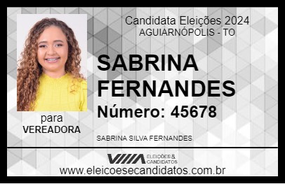 Candidato SABRINA FERNANDES 2024 - AGUIARNÓPOLIS - Eleições