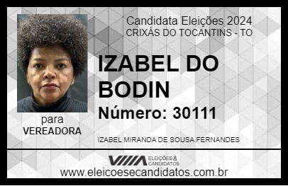 Candidato IZABEL DO BODIN 2024 - CRIXÁS DO TOCANTINS - Eleições