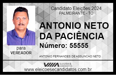 Candidato ANTONIO NETO DA PACIÊNCIA  2024 - PALMEIRANTE - Eleições