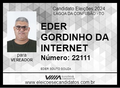 Candidato EDER GORDINHO DA INTERNET 2024 - LAGOA DA CONFUSÃO - Eleições