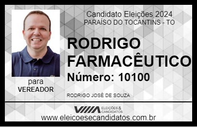 Candidato RODRIGO FARMACÊUTICO 2024 - PARAÍSO DO TOCANTINS - Eleições