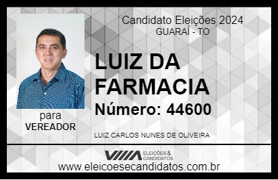 Candidato LUIZ DA FARMACIA 2024 - GUARAÍ - Eleições