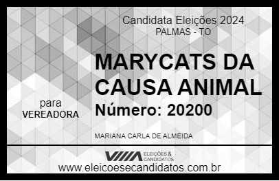 Candidato MARYCATS DA CAUSA ANIMAL 2024 - PALMAS - Eleições